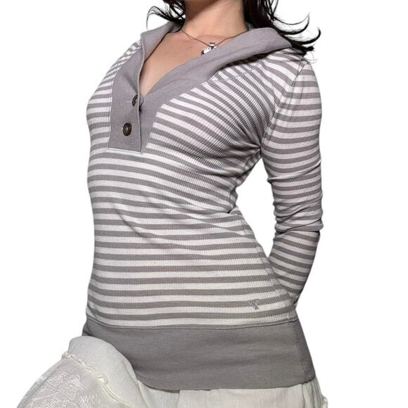 Y2k grey and white striped quarter button up fitted hoodie long sleeve - Picture 1 of 8